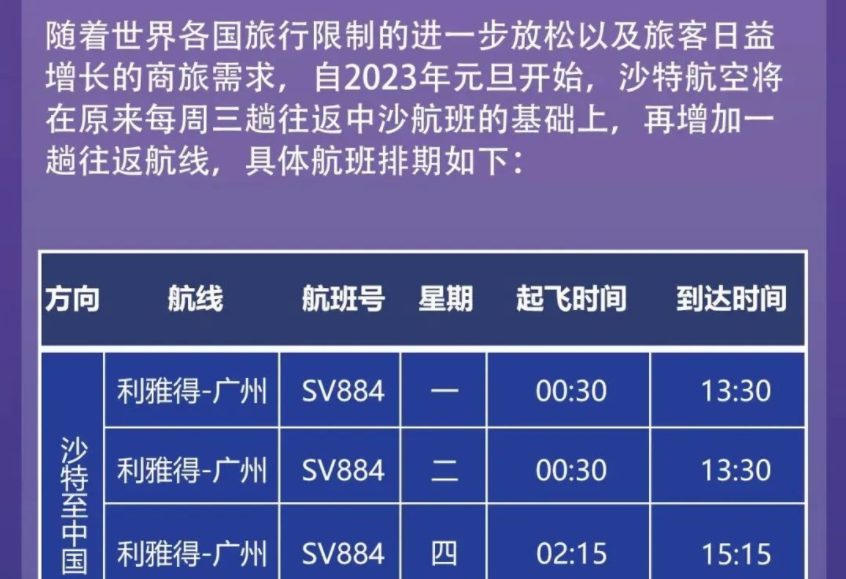 航班调整通知 | 中沙往返航班运力再提升，增至每周4班
